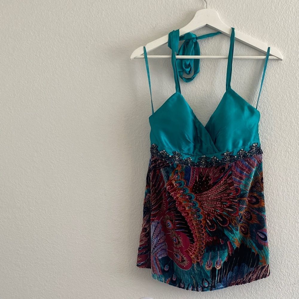 Y2K Caché Peacock Pattern Silk Beaded Halter Top